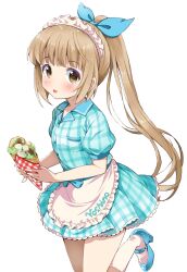 1girl apron blue_bow blue_dress blunt_bangs blush bow breasts brown_eyes brown_hair cowboy_shot crepe dot_nose dress food frilled_apron frilled_dress frills from_side hair_bow highres holding holding_crepe holding_food idolmaster idolmaster_cinderella_girls idolmaster_cinderella_girls_starlight_stage long_hair looking_at_viewer mary_janes michii_yuuki miniskirt open_mouth plaid_clothes plaid_dress ponytail shoes short_sleeves simple_background skirt small_breasts smile socks solo standing standing_on_one_leg very_long_hair waist_apron waist_bow white_apron white_background white_headdress white_socks yorita_yoshino