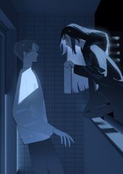 1boy 1girl balcony black_eyes black_hair black_hoodie black_pants closed_mouth commentary_request eye_contact from_side highres holding holding_paper hood hoodie long_hair long_sleeves looking_at_another on_railing original outdoors pants paper parted_lips railing shirt short_hair white_shirt yomiya_sateko