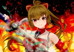 Rule 34 | 1girl, ahoge, animal ears, assault lily, bare shoulders, belt, belt pouch, black background, black shirt, blurry, blush, breasts, brown gloves, brown hair, buckle, cat ears, chest belt, closed mouth, commentary request, crossed bangs, depth of field, elbow gloves, embers, energy, fake animal ears, fiery background, fire, floating hair, gloves, grey belt, hair between eyes, hand up, high ponytail, highres, holding, holding sword, holding weapon, kondou misaka, long hair, looking at viewer, medium breasts, nabeyaki (kaiketsu1120), neck ribbon, ponytail, pouch, red eyes, red gloves, red shirt, ribbon, sailor collar, shirt, smile, snap-fit buckle, solo, sparkling eyes, sword, two-tone gloves, two-tone shirt, underbust, upper body, weapon, white sailor collar, yellow ribbon
