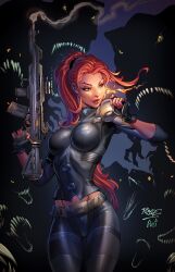 1girl artist_collaboration black_gloves black_pants breasts fingerless_gloves gloves green_eyes gun highres holding holding_gun holding_weapon john_royle large_breasts long_hair nei_ruffino orange_hair original pants ponytail sharp_teeth signature solo_focus teeth weapon weapon_request