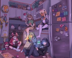 5girls animal_ears apple blonde_hair bloom_(irys) bloop_(gawr_gura) blue_hair boros_(ouro_kronii) bread brown_hair bubba_(watson_amelia) can casual ceres_fauna cookie dark-skinned_female dark_skin death-sensei_(mori_calliope) drink_can english_text fire food friend_(nanashi_mumei) fruit glasses gloom_(irys) green_hair hair_ornament hakos_baelz handheld_game_console headband highres holocouncil hololive hololive_english hootsie_(nanashi_mumei) ice_cream irys_(hololive) jacket jam kaniko_(tsukumo_sana) kfp_employee_(takanashi_kiara) kitchen knife kotori_(takanashi_kiara) kronie_(ouro_kronii) long_hair mochiparrot mouse_ears mr._squeaks_(hakos_baelz) multicolored_hair multiple_girls nanashi_mumei nanashi_mumei_(owl) nemu_(ceres_fauna) nintendo nintendo_switch ouro_kronii planet_hair_ornament playing_games red_hair sanallite_(tsukumo_sana) sapling_(ceres_fauna) sitting soda_can streaked_hair switch sword takodachi_(ninomae_ina&#039;nis) thighhighs tsukumo_sana twintails usaslug_(tsukumo_sana) virtual_youtuber weapon white_hair yatagarasu_(tsukumo_sana)