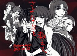 abstract_background adjusting_eyewear angel_wings arrow_(projectile) atyakodayo1 braid cigarette closed_mouth collared_shirt comforting commentary_request completely_nude crying crying_with_eyes_open curtained_hair despair fang formal_clothes glasses greyscale_with_colored_background hand_on_own_chest hands_on_own_face highres hitomi_hirosuke_(sayonara_wo_oshiete) hug hug_from_behind jacket lapels light_blush light_particles long_hair long_sleeves looking_at_another meguro_miyuki mini_wings mouth_hold neck_ribbon necktie nervous_sweating nude oomori_tonae open_mouth parted_lips red_background ribbon sayonara_wo_oshiete school_uniform shirt short_hair side_braid smile sugamo_mutsuki suit suit_jacket sweat takada_nozomi takashima_semina tamachi_mahiru tears tentacles translation_request twintails twitter_username ueno_koyori very_long_hair vest wings