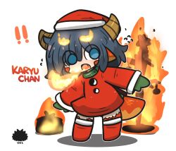 ! !! 1girl black_hair blue_eyes boots breath_weapon breathing_fire burning chibi commentary dragon_girl dragon_horns dragon_tail dress eyes_visible_through_hair fiery_eyebrows fire flying_sweatdrops green_mittens hair_over_one_eye hat highres horns knee_boots long_sleeves mittens original red_boots red_dress red_hat santa_costume santa_hat sea_urchin shadow simple_background sleeves_past_wrists solo standing tail uni_souchou white_background