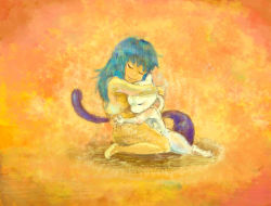 1girl amber_(pokemon) ambertwo_(pokemon) bad_id bad_pixiv_id blue_hair dress gen_1_pokemon hug legendary_pokemon meiji_(pixiv) mewtwo nintendo pokemon pokemon:_the_first_movie_-_mewtwo_strikes_back pokemon_(anime) pokemon_(classic_anime) pokemon_(creature) simple_background smile