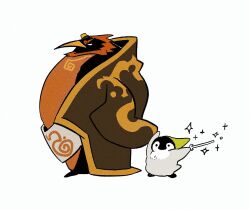 animal animalization bird coat conductor_baton full_body ganondorf green_hat hamusitas hat highres holding holding_baton link nintendo penguin red_hair short_hair simple_background sparkle standing the_legend_of_zelda the_legend_of_zelda:_the_wind_waker toon_link white_background