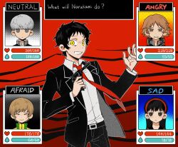Rule 34 | 2girls, 3boys, adachi tooru, amagi yukiko, angry, belt, belt buckle, black belt, black eyes, black hair, black jacket, black pants, black suit, boss fight, brown eyes, brown hair, buckle, business suit, clenched teeth, closed eyes, closed mouth, dialogue box, dot nose, dress shirt, english text, expressionless, finger on trigger, flipped hair, floating neckwear, formal clothes, frown, furrowed brow, gameplay mechanics, glaring, green jacket, grey eyes, grey hair, grin, gun, hairband, halftone, hanamura yousuke, hand up, handgun, headphones, headphones around neck, health bar, high collar, highres, holding, holding gun, holding weapon, houndstooth, jacket, kafei146, lapels, long hair, long sleeves, looking at viewer, looking to the side, messy hair, multicolored jacket, multiple boys, multiple girls, narukami yu, necktie, no sclera, notched lapels, omocat (style), omori, open clothes, open jacket, outline, pants, parody, persona, persona 4, raised inner eyebrows, red background, red hairband, red necktie, revolver, sad, satonaka chie, scared, school uniform, shirt, shirt tucked in, short hair, smile, spoilers, standing, style parody, suit, suit jacket, sweatdrop, teeth, tsurime, turtleneck, turtleneck jacket, wavy mouth, weapon, white outline, white shirt, wing collar, yasogami school uniform, yellow eyes, yellow jacket, zipper