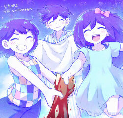 1girl 3boys :d ^_^ anniversary antenna_hair artist_name aubrey_(headspace)_(omori) aubrey_(omori) bare_arms bare_shoulders blanket blood blood_on_arm blue_dress blue_pants blue_shirt blue_sky blush bow bra_strap brothers checkered_clothes closed_eyes cloud collarbone colored_skin commentary_request copyright_name cowboy_shot double-parted_bangs dress facing_viewer feet_out_of_frame foreshortening gradient_sky grin hair_behind_ear hair_between_eyes hair_bow hand_on_another&#039;s_wrist happy hero_(headspace)_(omori) hero_(omori) highres holding holding_blanket holding_hands kel_(headspace)_(omori) kel_(omori) lapels long_hair multiple_boys notched_lapels omori omori_(omori) open_mouth pants pink_bow pov pov_hands purple_hair purple_shorts purple_sky raised_eyebrows shirt short_hair short_sleeves shorts siblings simple_background sky smile something_(omori) sparkle standing standing_on_one_leg striped_clothes striped_pants striped_shirt tank_top teeth tongue two-tone_pants two-tone_shirt upper_teeth_only v-shaped_eyebrows vertical-striped_clothes vertical-striped_shirt very_long_hair very_short_hair white_pants white_shirt white_skin zonu_the_zombie