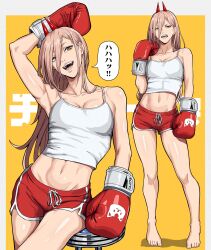 1girl abs absurdres arm_up barefoot border boxing_gloves breasts cat chainsaw_man collarbone crossed_legs disgust fangs hair_over_one_eye hair_over_shoulder head_tilt highres horns medium_breasts midriff midriff_peek mikey_pie navel pink_hair power_(chainsaw_man) red_horns shiny_skin shorts sitting sitting_on_object smile speech_bubble squinting stool tank_top white_border white_tank_top yellow_background yellow_eyes