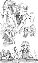 2girls artist_name blush book diana_cavendish greyscale hands_on_another&#039;s_face heart holding_hands inkwell interlocked_fingers kagari_atsuko kiss kissing_hand little_witch_academia looking_away monochrome multiple_girls nose_blush ponytail quill raised_eyebrows short_ponytail sketch smile spoken_blush surprised ticcy vest white_background yuri