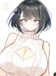 Rule 34 | 1girl, alternate costume, arknights, arknights: endfield, black hair, breasts, cleavage cutout, clothing cutout, commentary request, diamond cutout, endministrator (arknights), female endministrator (arknights), grey eyes, hakoniwashinshi, highres, large breasts, looking down, ribbed sweater, short hair, simple background, sleeveless, sleeveless sweater, smile, solo, sweater, turtleneck, turtleneck sweater, upper body, white background, white sweater