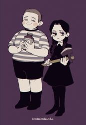 :&gt; addams_family axe black_dress black_footwear black_hair black_shorts blush boots braid braided_ponytail brother_and_sister brown_hair collar dress eyeshadow half-closed_eyes highres ka_ji long_hair makeup pantyhose poison pugsley_addams purple_background shirt short_hair shorts siblings smile striped_clothes striped_shirt twintails wednesday_addams white_collar