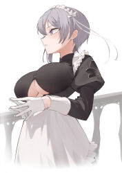 1girl 200f_(nifu) absurdres alternate_costume apron azur_lane bellona_(armed_to_clean)_(azur_lane) bellona_(azur_lane) blush breasts clothing_cutout commission cropped_legs enmaided frilled_apron frills from_side gloves highres juliet_sleeves large_breasts long_sleeves maid maid_headdress official_alternate_costume parted_lips pixiv_commission puffy_sleeves purple_eyes purple_hair short_hair simple_background solo steepled_fingers underboob underboob_cutout white_apron white_gloves