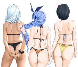 3girls ass back bae_minah_(chaesu) bikini black_bikini black_hair blue_hair bracelet chaesu dark-skinned_female dark_skin facing_away from_behind gold_bracelet hand_in_own_hair highres jewelry long_hair multiple_girls orange_bikini original playing_with_own_hair short_hair shoulder_blades simple_background swimsuit very_long_hair white_background white_hair yellow_bikini