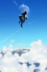 1boy above_clouds arinnixxx1103 blue_sky blue_theme cloud commentary_request digital_media_player dress_shoes full_body gekkoukan_high_school_uniform highres jacket male_focus moon pants persona persona_3 school_uniform shoes short_hair sky solo suit_jacket yuuki_makoto_(persona_3)
