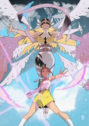 2girls absurdres adapted_costume angel angel_wings angewomon blue_sky brown_hair commentary covered_eyes day digimon digimon_(creature) digimon_adventure_02 elbow_gloves feathered_wings gloves helmet helmet_over_eyes highres holding korean_commentary long_hair mask multiple_girls multiple_wings outdoors outstretched_arms pink_eyes pink_shirt shirt shorts sidelocks single_elbow_glove sky sleeveless sleeveless_shirt smile socks steelscarlet turtleneck two-tone_shirt white_gloves white_shirt white_socks white_wings wings yagami_hikari yellow_shorts