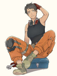 1girl ace_combat ace_combat_7:_skies_unknown arm_up avril_mead bare_arms black_hair black_tank_top commentary hand_on_own_head headphones headphones_around_neck holding holding_wrench knee_brace looking_to_the_side magobohe parted_lips shoes short_hair sitting tank_top tattoo tomboy toolbox tools twitter_username wavy_hair wrench yellow_eyes