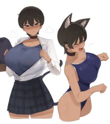 1girl animal_ears black_choker black_hair blue_eyes blush breasts cat_ears cat_tail choker competition_swimsuit cowboy_shot dark-skinned_female dark_skin fang gurenola huge_breasts looking_at_viewer mole mole_under_eye one-piece_swimsuit open_clothes open_mouth original paw_pose plaid_clothes plaid_skirt pleated_skirt short_hair simple_background skirt sweat swimsuit swimsuit_under_clothes tail white_background