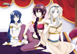 3girls absurdres aladdin_(magi) anklet arabian_clothes armlet asami-ch barefoot blue_hair blush bracelet braid dress earrings feet gender_request genderswap hair_ornament highres ja&#039;far_(magi) jafar jewelry judal long_hair lots_of_jewelry magi_the_labyrinth_of_magic multiple_girls purple_hair see-through_clothes seiza sitting traditional_clothes veil white_hair