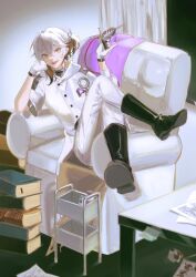 1other :d black_boots book book_stack boots brown_hair coat colored_tips couch crossed_legs elbow_rest full_body gloves gun hand_on_own_cheek hand_on_own_face head_rest highres holding holding_gun holding_weapon indoors kota_tsumi looking_at_viewer medicine_pocket multicolored_hair on_couch open_mouth pants ponytail reverse:1999 short_ponytail side_ponytail sitting sitting_sideways sleeve_pushed_up smile solo table weapon white_coat white_gloves white_hair white_pants yellow_eyes