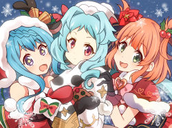 Rule 34 | 3girls, blue hair, blush, green eyes, hat, looking at viewer, mahiru (princess connect!), masako (sabotage-mode), merry christmas, miyako (princess connect!), multiple girls, open mouth, orange hair, princess connect!, purple eyes, red eyes, rino (princess connect!), snow