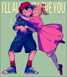 Rule 34 | 1boy, 1girl, ana (mother), baseball cap, black hair, blue footwear, blush, closed eyes, commentary request, dress, english text, green background, hair between eyes, hair ribbon, hat, heart, heart in eye, hetero, highres, hug, kwsby 124, leg up, mother (series), mother 1, ninten, nintendo, open mouth, parted lips, pink dress, red footwear, red ribbon, red socks, ribbon, shirt, shirt partially tucked in, shoes, short sleeves, shorts, sideways hat, sneakers, socks, standing, striped clothes, striped shirt, symbol in eye, white socks