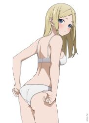 1girl adjusting_clothes adjusting_panties ass blonde_hair blue_eyes bra breasts coro_fae hayasaka_ai highres kaguya-sama_wa_kokurasetai_~tensai-tachi_no_renai_zunousen~ long_hair looking_at_viewer looking_back medium_breasts paid_reward_available panties simple_background solo standing underwear wedgie white_background white_panties