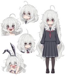 1girl absurdres ahoge animal_ears bags_under_eyes black_pantyhose black_serafuku eha7y hair_between_eyes highres long_hair messy_hair original pantyhose pleated_skirt rabbit_ears red_eyes school_uniform serafuku simple_background skirt wasabi-chan_(eha7y) white_background white_hair