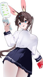 1girl :d absurdres amiya_(arknights) animal_ears arknights black_skirt blue_eyes blush brown_hair cellphone chinese_commentary chinese_text collared_shirt commentary cowboy_shot from_below hair_between_eyes highres holding holding_phone long_hair long_sleeves looking_at_phone miniskirt open_mouth pantyhose phone pleated_skirt shenmi_de_xigua shirt shirt_overhang simple_background skirt smartphone smile solo standing translation_request turning_head white_background white_pantyhose white_shirt