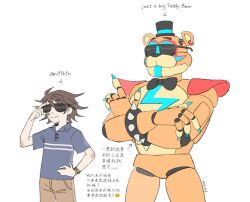2boys bandaid bandaid_on_cheek bandaid_on_face bear_boy blue_shirt bow bowtie bracelet brown_pants chinese_text claws crossed_arms earrings english_text five_nights_at_freddy&#039;s five_nights_at_freddy&#039;s:_security_breach furry furry_male glamrock_freddy gregory_(fnaf) hand_on_own_hip hands_on_eyewear hat jewelry looking_to_the_side male_focus multiple_boys nail_polish pants robot shirt spiked_bracelet spikes sunglasses top_hat towwwwwwwwwwww watch white_background