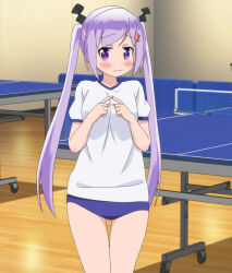 Rule 34 | 1girl, arrow (symbol), blue buruma, blush, buruma, closed mouth, dot nose, hair ornament, hairdressing, highres, indoors, interior, kamiya agari, legs, long hair, looking at viewer, purple eyes, purple hair, shakunetsu no takkyuu musume, shirt, solo, standing, stitched, table tennis, thighs, third-party edit, twintails