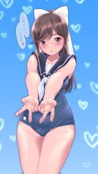1girl absurdres adapted_costume black_hair blue_background blue_one-piece_swimsuit blue_sailor_collar brown_eyes gradient_background gyaru_v hair_ribbon heart heart_background highres long_hair love_plus neckerchief one-piece_swimsuit ponytail ribbon sailor_collar sailor_one-piece_swimsuit school_swimsuit solo standing suika_blue swimsuit takane_manaka v white_neckerchief white_ribbon
