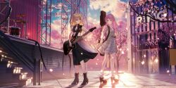 2girls 3d_background artist_request bang_dream! bang_dream!_it&#039;s_mygo!!!!! belt black_dress black_shoes blonde_hair boots brown_boots cherry_blossoms chihaya_anon chinese_commentary closed_mouth commentary_request commission dress drum drum_set electric_guitar grey_dress grey_eyes guitar guitar_case hair_between_eyes high_heel_boots high_heels highres holding holding_guitar holding_instrument instrument instrument_case instrument_on_back long_hair medium_hair misumi_uika multiple_girls necktie outdoors pinafore_dress pink_hair plaid_clothes plaid_dress purple_eyes railing second-party_source shirt shoes sleeveless sleeveless_dress socks stage stairs standing sunlight white_belt white_necktie white_shirt white_socks