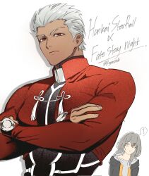 1boy 1girl archer_(fate) armor coat dark-skinned_male dark_skin fate/stay_night fate/unlimited_blade_works fate_(series) grey_hair highres honkai:_star_rail honkai_(series) male_focus red_coat rynnonk simple_background spiked_hair stelle_(honkai:_star_rail) trailblazer_(honkai:_star_rail) white_hair