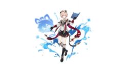 1boy black_boots black_gloves black_shorts blue_eyes book boots brown_hair dahlia_(genshin_impact) full_body genshin_impact gloves hat holding holding_book long_sleeves male_focus official_art shirt short_hair shorts solo white_hat white_shirt