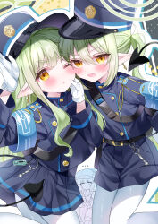 ... :d ;o absurdres aoba_(blue_archive) armband blue_archive blue_armband blue_hat blue_jacket blue_shorts blue_skirt blush buttons demon_tail double-breasted earrings fang feet_out_of_frame gloves green_hair hand_on_another&#039;s_cheek hand_on_another&#039;s_face hat highres hikari_(blue_archive) jacket jewelry looking_at_another looking_at_viewer nahoshi_(sevenstar744) nozomi_(blue_archive) one_eye_closed open_mouth outline pantyhose pantyhose_under_shorts peaked_cap pleated_skirt pointy_ears shorts siblings single_earring sisters skin_fang skirt smile tail twins whistle white_gloves white_outline white_pantyhose yellow_eyes