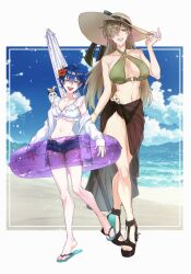 2girls animal animal_on_shoulder aqua_eyes bikini blue_hair blue_sandals blue_shorts bow breasts brown_hair brown_hat collarbone denim denim_shorts flower gagake_v genderswap genderswap_(mtf) green_bikini green_eyes hair_flower hair_ornament hat height_difference highres holding holding_umbrella innertube jacket large_breasts leos_vincent long_hair mameneko_(leos_vincent) medium_breasts mountainous_horizon multiple_girls navel nijisanji ocean oliver_evans open_clothes open_jacket parted_lips pink_bow red_flower sand sandals shore short_hair shorts smile standing sun_hat swim_ring swimsuit teeth umbrella virtual_youtuber white_jacket
