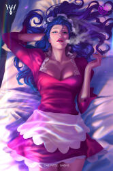 Rule 34 | 1girl, absurdres, apron, arm behind head, artist logo, baby 5, blue hair, breasts, character name, cigarette, cleavage, commentary, copyright name, cowboy shot, donquixote pirates jolly roger, dress, english commentary, english text, highres, holding, holding cigarette, large breasts, logo, long hair, looking at viewer, lying, maid, maid apron, maid headdress, on back, on bed, one piece, parted lips, purple eyes, red dress, smoke, yellow (huang-hotdog)