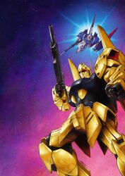 beam_rifle clenched_hand commentary_request energy_gun feet_out_of_frame flying gun gundam holding holding_gun holding_weapon hyaku_shiki mecha mecha_focus mobile_suit nakamura_jun&#039;ichi nebula no_humans radio_antenna robot science_fiction signature space star_(sky) v-fin weapon zeta_gundam zeta_gundam_(mobile_suit)