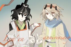 2others aaayamitsu androgynous anniversary aqua_background belt belt_buckle black_eyes black_hat black_kimono black_shorts blue_scarf bright_pupils buckle chinese_commentary closed_mouth commentary_request copyright_name cowboy_shot detached_sleeves dot_nose expressionless eye_of_senri eyes_visible_through_hair gradient_background green_kimono hair_between_eyes hair_rollers hairband haori happy hat hat_ribbon highres jacket japanese_clothes jinbei_(clothes) kariginu kimono layered_sleeves len&#039;en light_frown long_sleeves looking_at_viewer messy_hair multiple_others ofuda ofuda_on_clothes orange_background orange_eyes orange_hair orange_hairband orange_jacket other_focus pointing pointing_up purple_belt red_ribbon ribbon scarf senri_tsurubami short_kimono shorts smile tate_eboshi white_pupils white_sleeves wide_sleeves zuifeng_tenkai