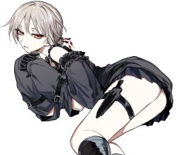 Rule 34 | 1girl, belt, black gloves, brown hair, gloves, hair ornament, hairpin, knife, looking at viewer, orange eyes, original, parted lips, sheath, sheathed, simple background, solo, thigh sheath, tsu (lovesick1964), two (tsu (lovesick1964)), white background