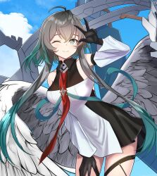 ;) absurdres ahoge aqua_hair black_dress black_gloves blue_sky breasts cloud collared_dress commentary counter:side detached_sleeves dress feathered_wings floating_armor gloves gradient_hair grey_hair grey_pupils hand_on_own_thigh hand_up highres leaning_forward long_sidelocks looking_at_viewer low_wings medium_breasts medium_hair multicolored_hair necktie noelle_(counter:side) one_eye_closed osunahanko red_necktie short_dress sidelocks sky smile star-shaped_pupils star_(symbol) symbol-shaped_pupils w white_wings wings