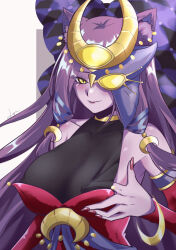 1girl absurdres alternate_breast_size animal_ears bare_shoulders breasts cat_ears cleavage colored_skin duel_monster half_mask hand_on_own_chest highres large_breasts long_hair looking_at_viewer lunalight_perfume_dancer lyrin_(haireirei) mask purple_hair purple_skin red_nails solo upper_body yellow_eyes yu-gi-oh!