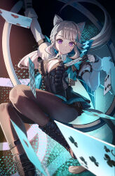 1girl absurdres animal_ears arm_up black_boots black_gloves boots breasts brown_hair brown_pantyhose card cat_ears cat_girl cat_tail cleavage closed_mouth facial_tattoo genshin_impact gloves highres holding holding_card knee_boots long_hair long_sleeves looking_at_viewer lynette_(genshin_impact) pantyhose purple_eyes smile solo star_tattoo tail tattoo two-tone_gloves white_gloves wuzhihuijia