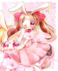 1girl animal_ears back_bow border bow bow_legwear bowtie brown_hair brown_shoes buttons closed_mouth commentary_request commission dot_nose dress drop_shadow eyelashes foot_out_of_frame frilled_sleeves frills hair_bow halftone hand_up highres kirakira_precure_a_la_mode lace lace-trimmed_dress lace_trim leg_up light_blush light_particles long_hair mary_janes medium_dress one_eye_closed open_mouth outline outside_border over-kneehighs pink_background pink_bow pink_dress pink_eyes pleated_dress precure puffy_short_sleeves puffy_sleeves rabbit_ears red_bow red_bowtie shirt shirt_under_dress shoes short_sleeves signature skeb_commission skirt_hold smile socks solo sparkle tareme thighhighs traditional_bowtie translation_request twintails usami_ichika v-shaped_eyebrows waving white_border white_outline white_shirt white_socks white_wrist_cuffs wrist_cuffs x_chika_xx zoom_layer