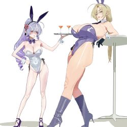 2girls ahoge alternate_costume anger_vein animal_ears arm_support bare_legs black_gloves black_necktie blonde_hair blush boots bow bowtie breasts cleavage closed_mouth cocktail_glass commentary contrapposto cup curtained_hair detached_collar drill_hair drill_ponytail drill_sidelocks drinking_glass english_commentary fake_animal_ears frown full_body genderswap genderswap_(mtf) gloves gluteal_fold grey_leotard hand_on_own_hip heterochromia high_heel_boots high_heels high_ponytail highleg highleg_leotard highres hintobento holding holding_tray hugo_vlad large_breasts leaning_back leotard lips long_hair looking_at_another looking_at_viewer looking_to_the_side low_ponytail medium_breasts mixed-language_commentary mole mole_under_eye multiple_girls necktie paid_reward_available parted_bangs playboy_bunny pointy_ears ponytail purple_boots purple_bow purple_bowtie purple_eyes purple_hair purple_leotard purple_shoes rabbit_ears red_eyes shoes side-tie_leotard sidelocks simple_background slit_pupils standing strapless strapless_leotard sweatdrop table traditional_bowtie tray v-shaped_eyebrows vivian_(zenless_zone_zero) white_background white_hair wrist_cuffs zenless_zone_zero