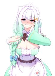 1girl apron blue_eyes blush bow breasts cgator cleavage detached_sleeves dress frills ghost gradient_hair green_dress green_hair hair_ornament highres indie_virtual_youtuber looking_at_viewer maid maid_headdress mint_fantome mint_fantome_(minto_2.0) multicolored_hair solo tongue tongue_out virtual_youtuber white_background white_hair x_hair_ornament