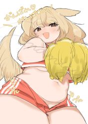 1girl animal_ears artist_name blonde_hair breasts brown_eyes cheerleader crop_top etoile_amamiya highres japanese_text medium_breasts midriff navel open_mouth original plump pom_pom_(cheerleading) red_shorts short_shorts shorts sleeveless solo standing tail tail_raised thick_thighs thighs unbuttoned_pants underboob watermark white_background
