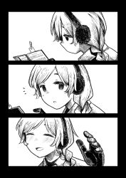 1girl blush book bookmark braid commentary earmuffs english_commentary gloves greyscale hair_over_shoulder holding holding_book jacket kilsturgeon long_hair looking_at_viewer monochrome multiple_views notice_lines open_mouth reading sekka_yufu sequential single_braid smile solo swept_bangs utau waving