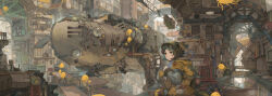 1girl building dlkdhy fish gloves goggles helmet highres industrial_pipe jumpsuit looking_at_viewer original robot scenery science_fiction short_hair solo