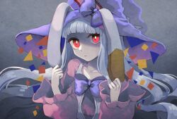 1girl animal_ears blunt_bangs bow dress en_or frills hat irisu_kyouko irisu_shoukougun! long_hair looking_at_viewer rabbit_ears red_eyes solo white_hair witch_hat